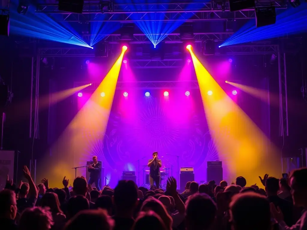 A dynamic image of a local band performing live on stage during a concert organized by AMICALE LAIQUE SAINT CERNIN, highlighting the organization's support for local talent.