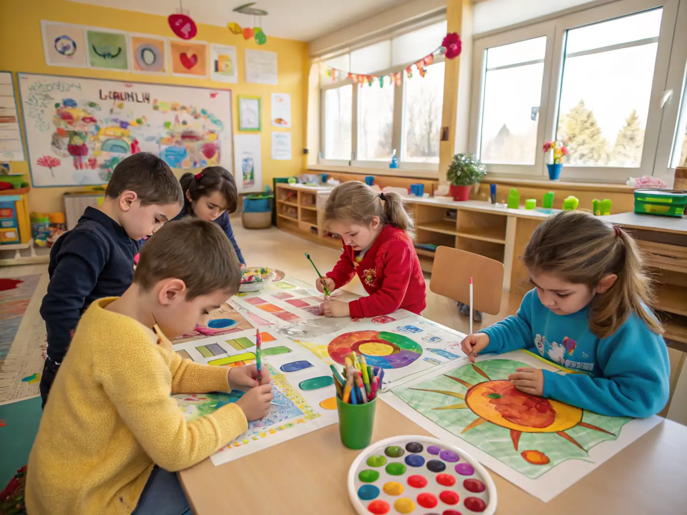 A vibrant image depicting a group of children participating in an art workshop, with paintbrushes and colorful artwork visible, capturing the essence of creative engagement and learning.