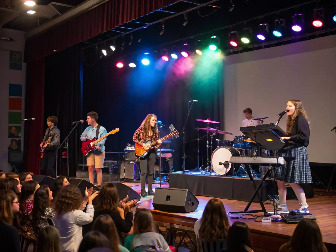 A vibrant photograph capturing a live concert at AMICALE LAIQUE SAINT CERNIN, showcasing musicians on stage and an enthusiastic audience enjoying the performance. The image should convey the energy and excitement of the event.