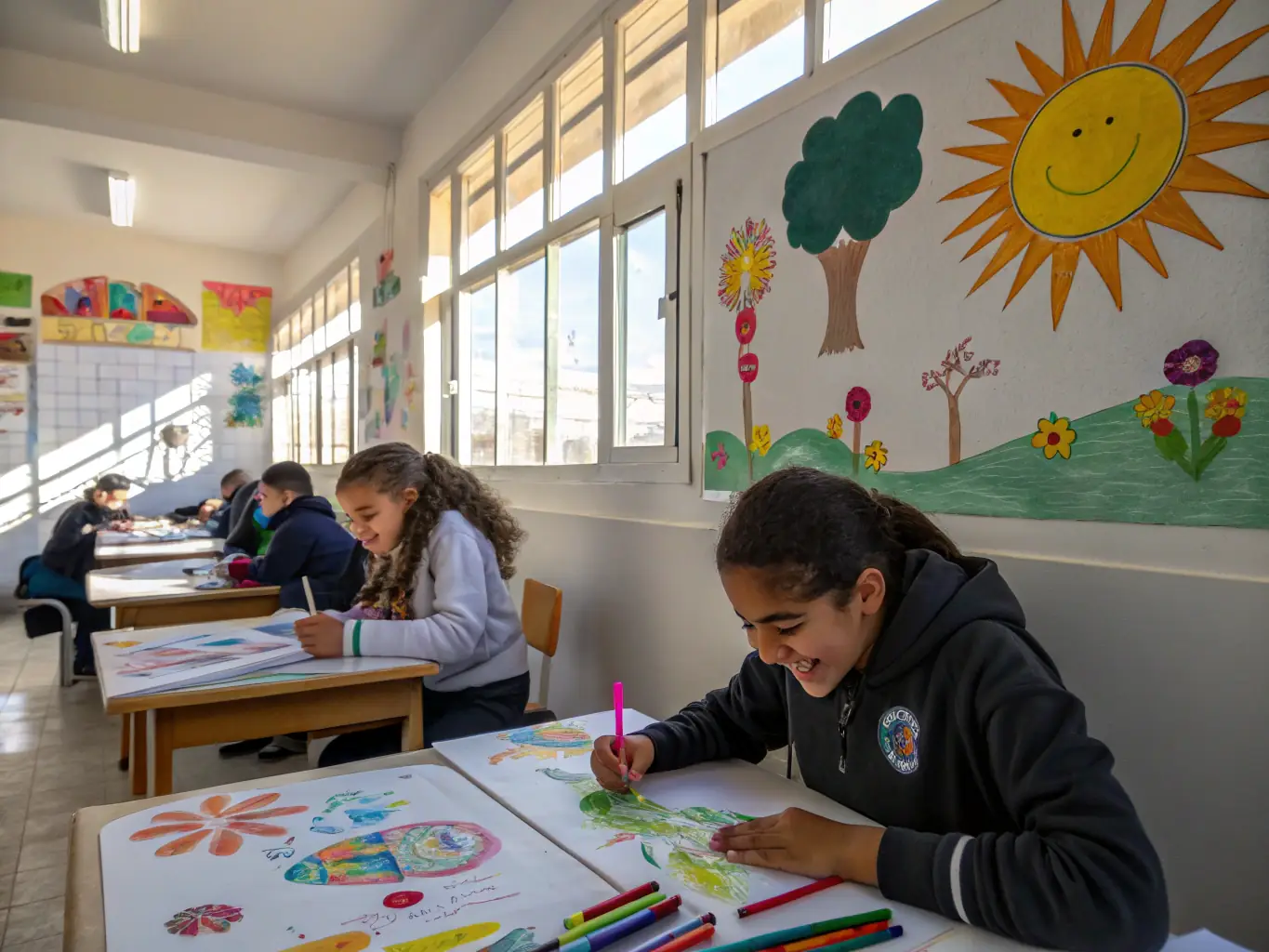 A photograph capturing a children's art workshop in progress, with kids enthusiastically painting and creating artwork, showcasing the organization's commitment to fostering creativity in young people.