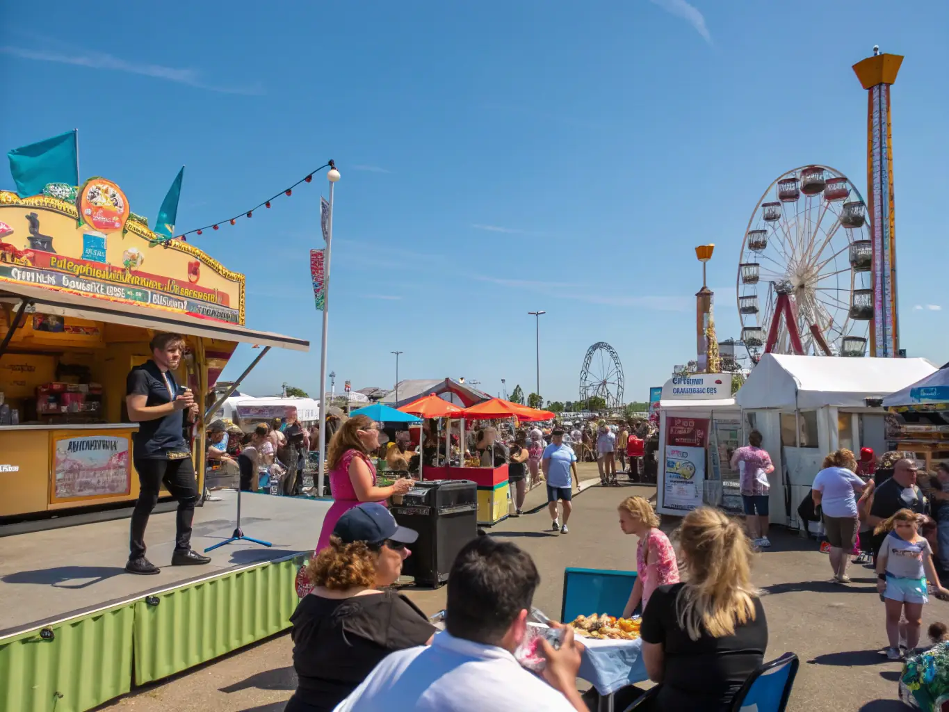 An image featuring a community gathering during a cultural festival organized by AMICALE LAIQUE SAINT CERNIN, with people of all ages enjoying food, music, and various activities, illustrating the organization's role in fostering community spirit.